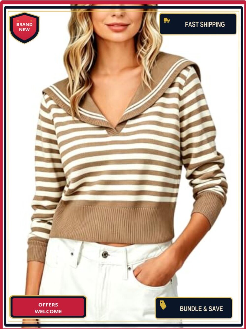 Striped Sailor Collar V Neck Cropped Knit Sweater Long Sleeve Preppy Pullover